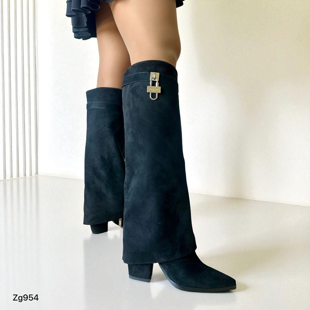 Bota caña alta negro doblez detalle plateado tacon 10cm 225-031